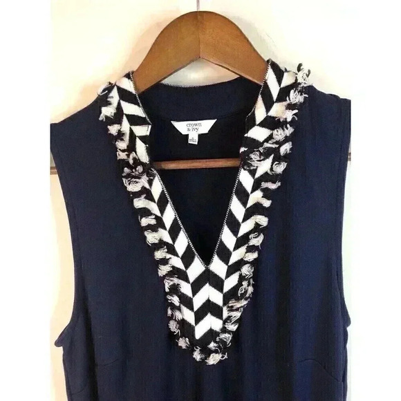 Crown & Ivy Small Navy Blue Sheath Dress Sleeveless Fringe Neckline - Picture 3 of 6